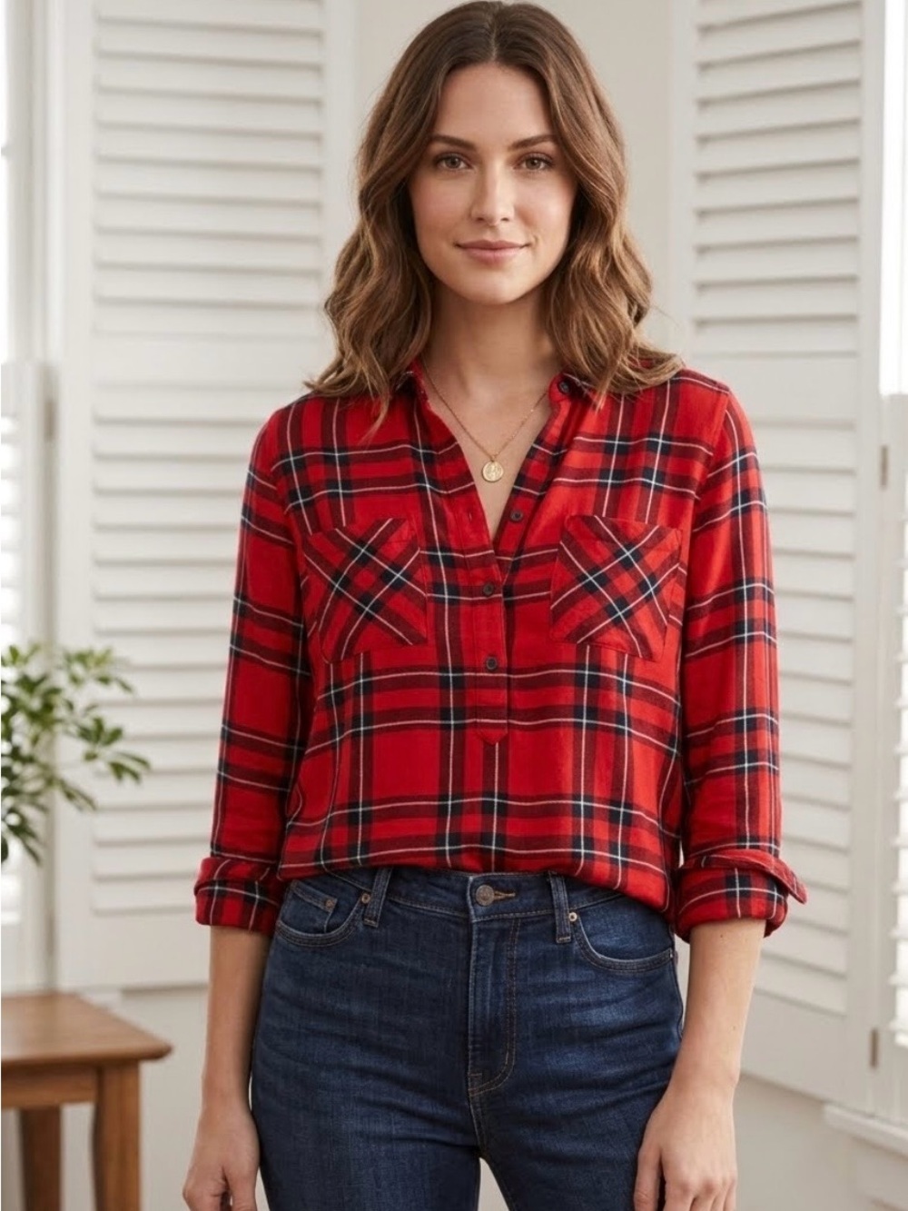 Lucky Brand Red and Black Plaid Henley Tunic Shirt